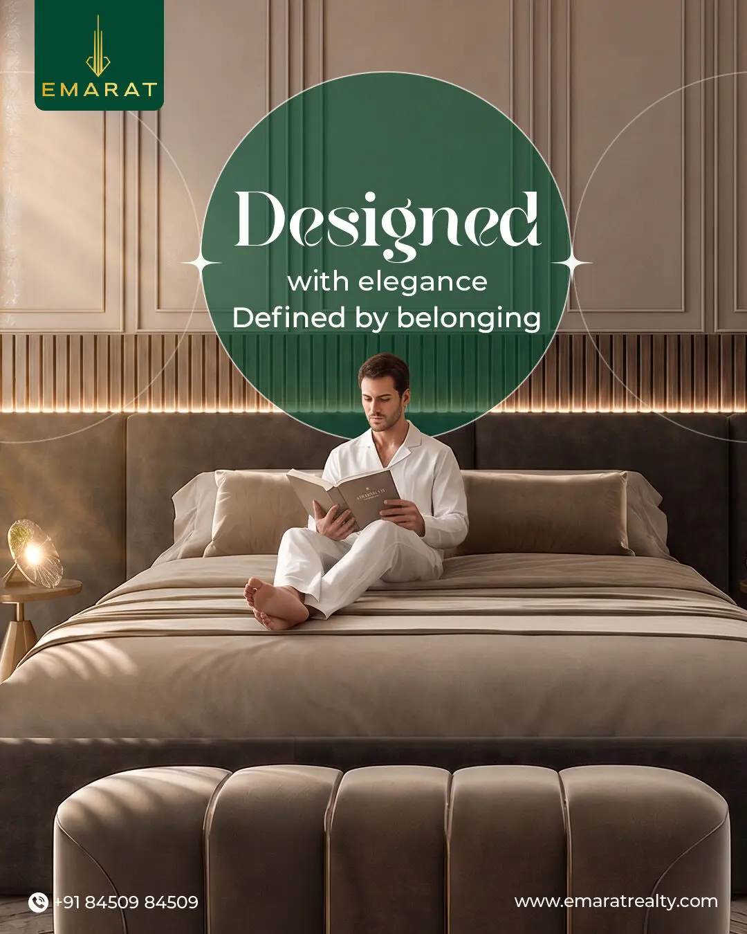 Man in white pyjamas reading a book on a large bed, inside a green circle headed "Designed with elegance"