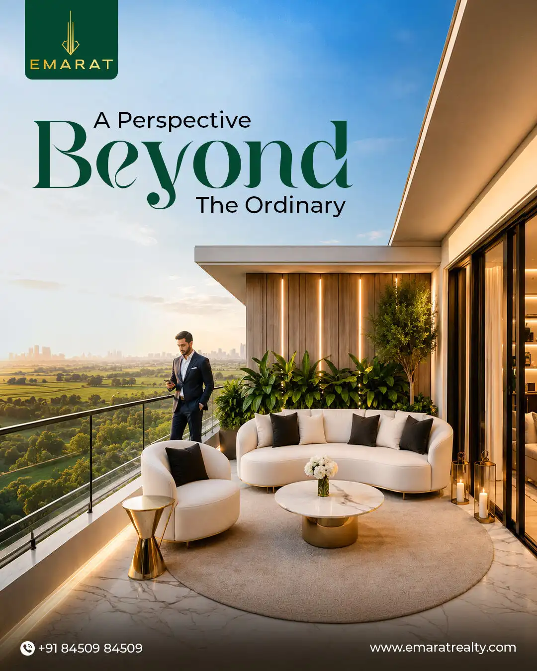 Man in a navy suit checking his phone on a rooftop terrace overlooking fields, headline "A Perspective Beyond The Ordinary"