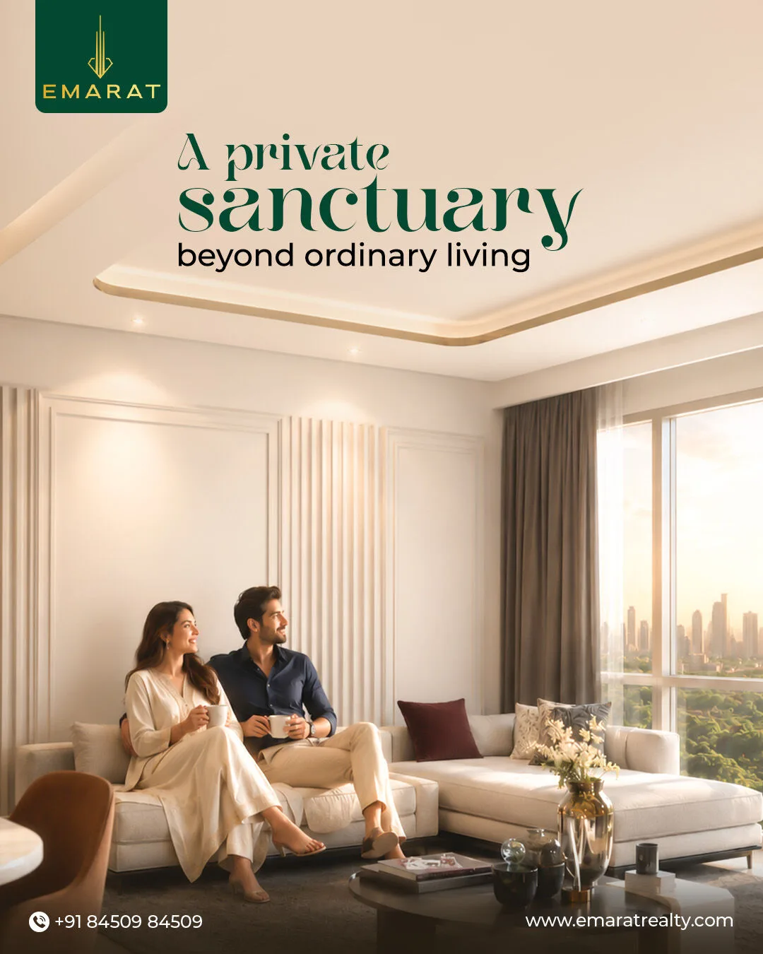 Couple holding mugs on a cream sofa beside a city-view window, headline "A private sanctuary beyond ordinary living"