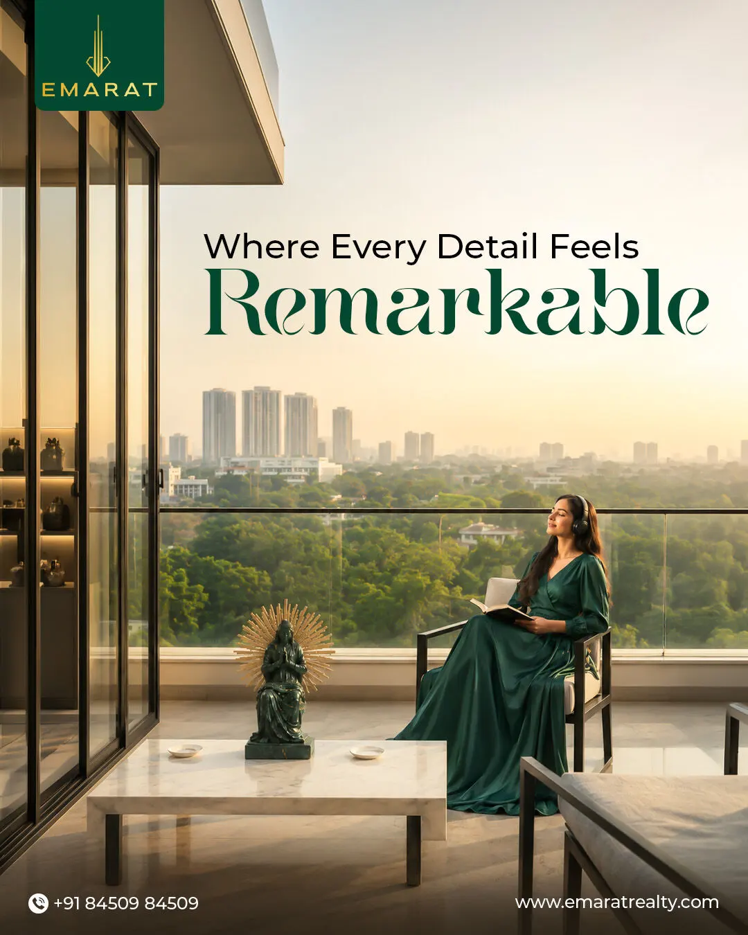 Woman in a green dress wearing headphones and holding a book on a terrace, headline "Where Every Detail Feels Remarkable"