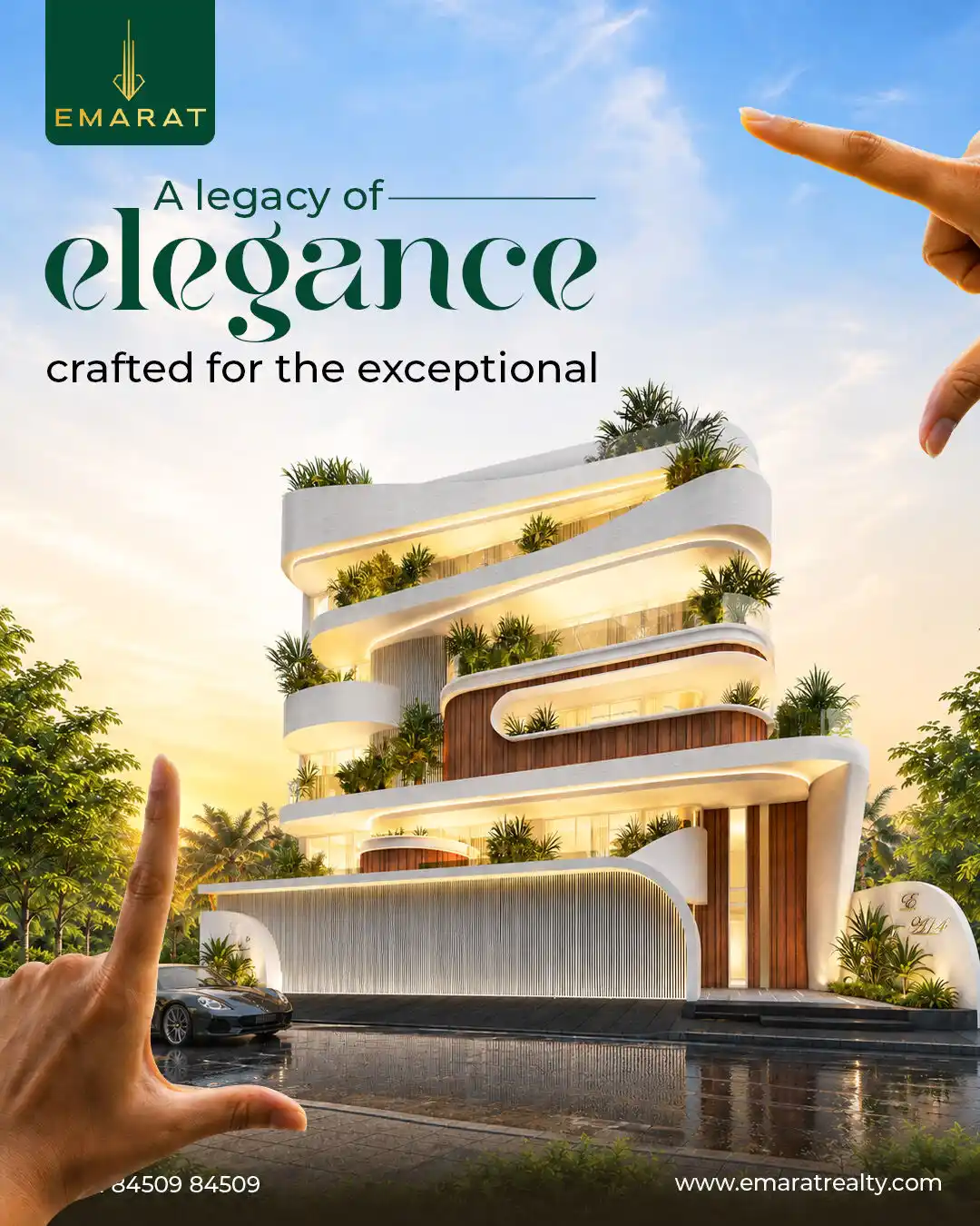 Curved white-and-timber apartment building at sunset framed by two hands, headline "A legacy of elegance crafted for the exceptional"