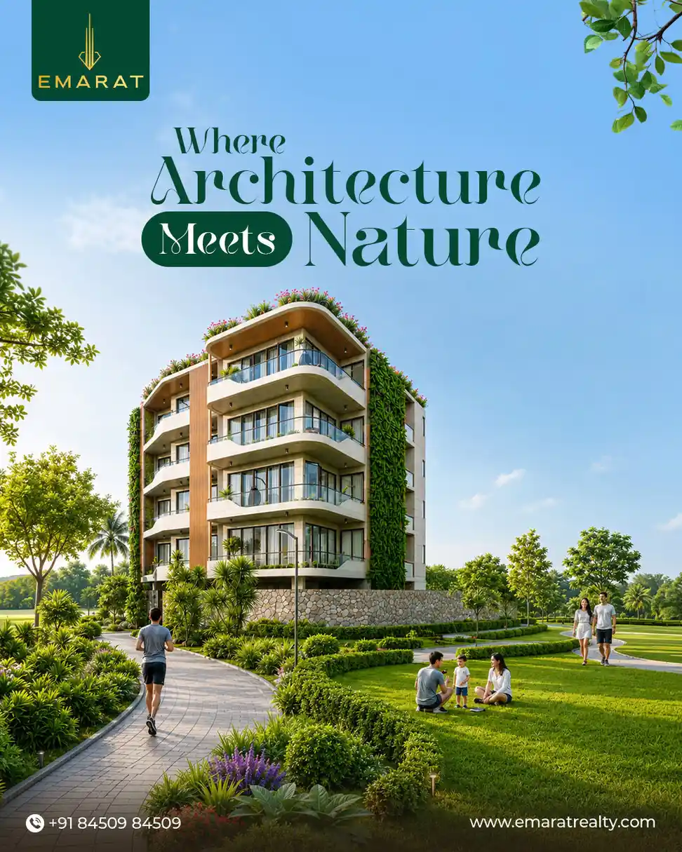 Apartment block with vertical green walls beside a park path with a jogger and a family, "Where Architecture Meets Nature"