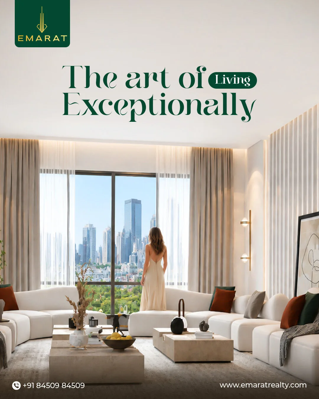 Woman in a cream dress looking out of a tall window at a skyline, headline "The art of Living Exceptionally"