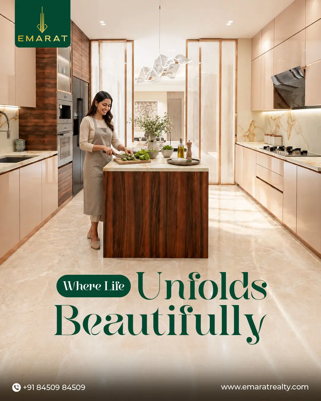 Woman in an apron chopping vegetables at a wooden kitchen island, headline "Where Life Unfolds Beautifully"