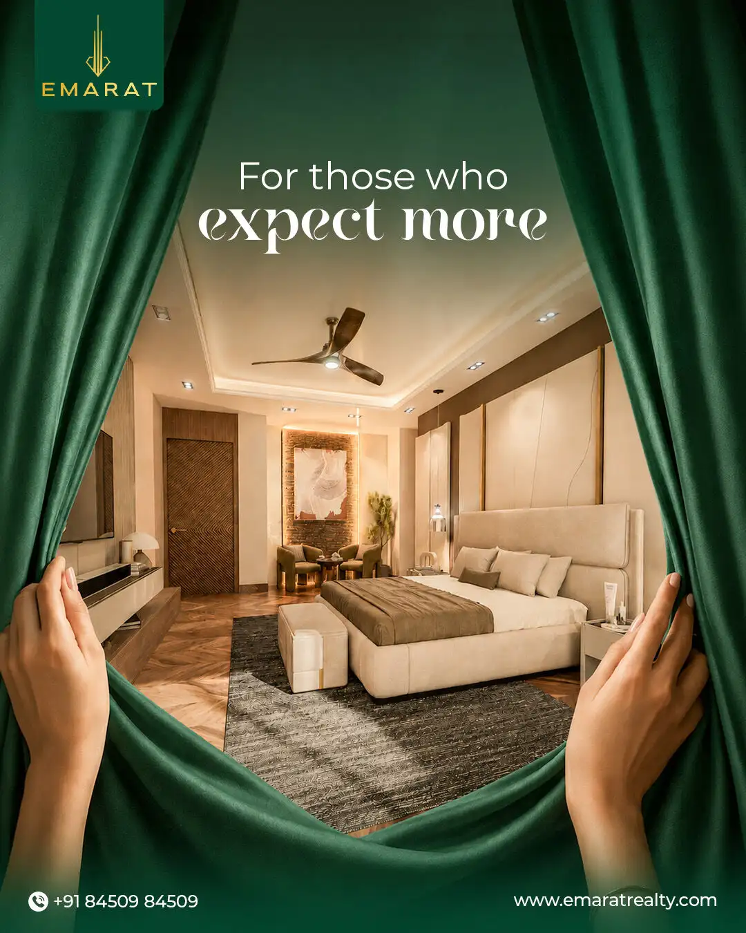 Hands parting green velvet curtains to reveal a lit bedroom, headline "For those who expect more"