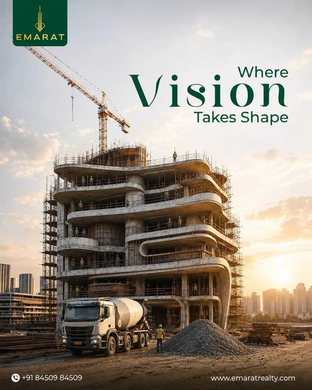 Residential tower under construction with a crane, workers and a concrete mixer at sunset, headline "Where Vision Takes Shape"