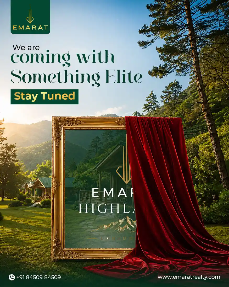Red velvet drape half-covering a gold frame with a mountain cottage and Emarat Highlands logo, "We are coming with Something Elite"