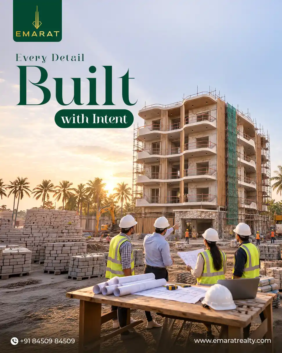 Hard-hatted site team studying plans at a table before a scaffolded apartment block, "Every Detail Built with Intent"