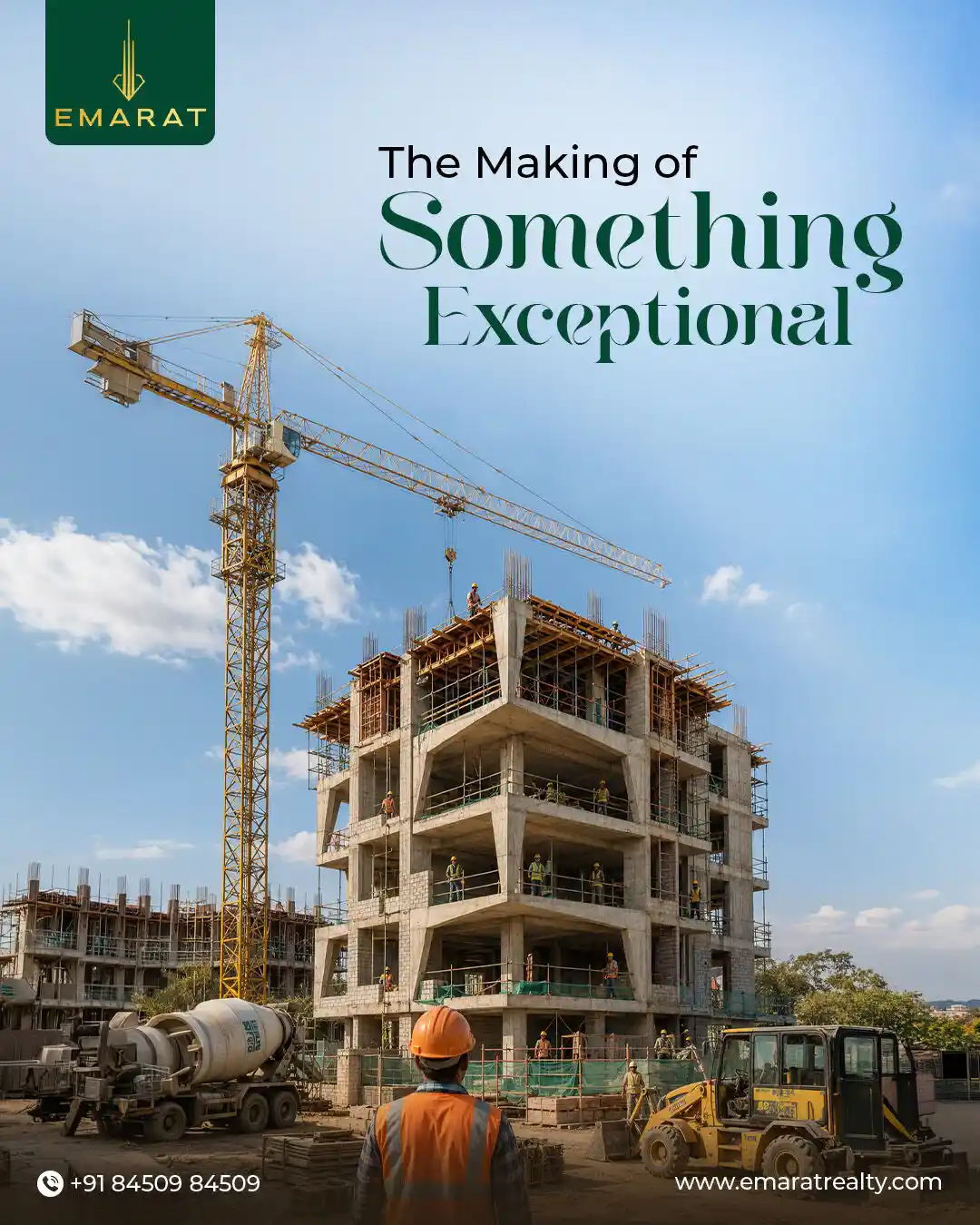 Worker in an orange helmet facing a crane and half-built concrete tower, "The Making of Something Exceptional"
