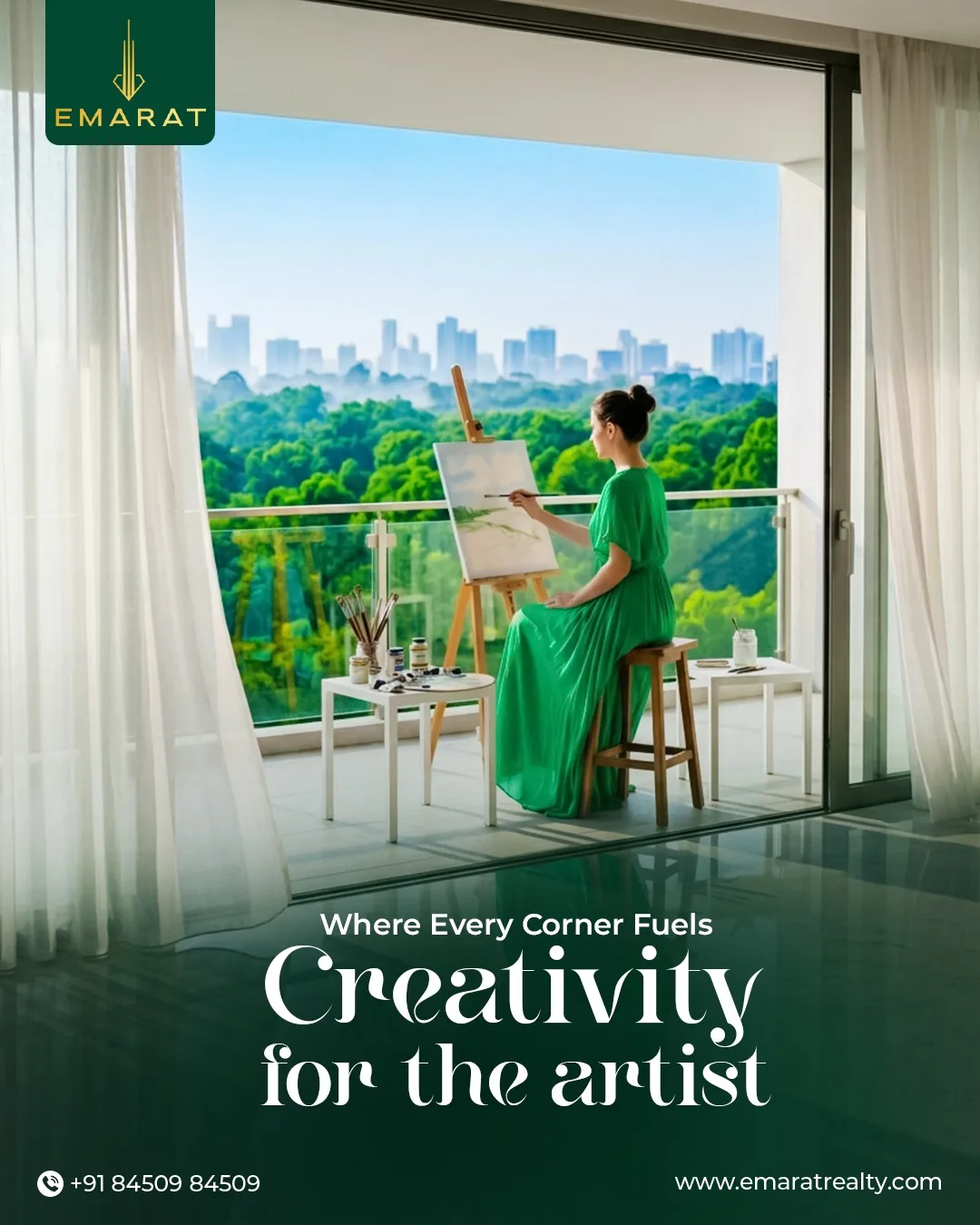 Woman in a green dress painting at an easel on a balcony above a forest, "Creativity for the artist"