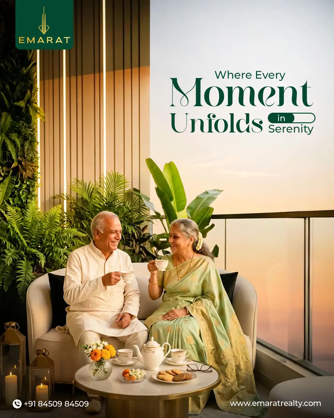 Older couple laughing over tea on a plant-filled balcony at dusk, headline "Where Every Moment Unfolds in Serenity"