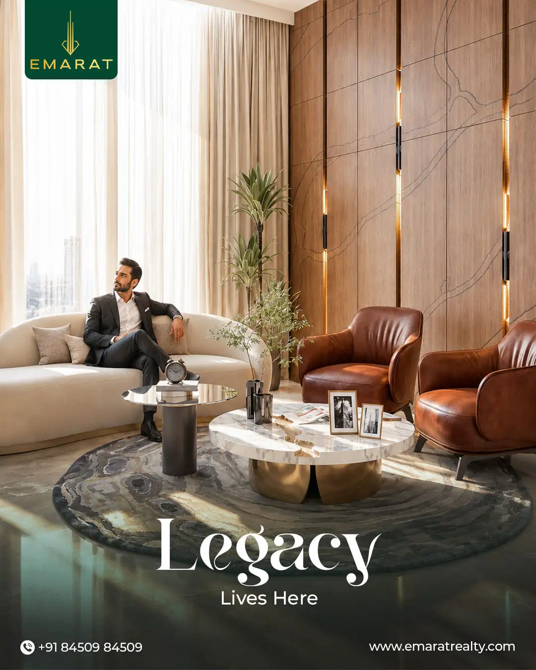 Man in a dark suit seated on a cream sofa in a wood-panelled lounge, headline "Legacy Lives Here"