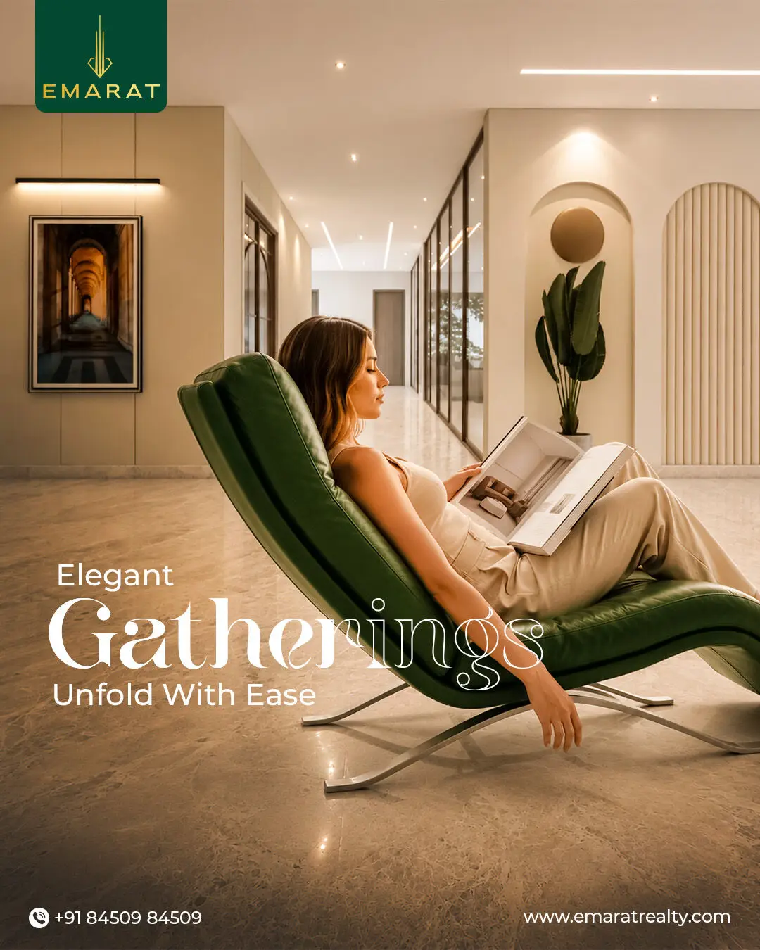 Woman reading a book in a green leather lounger in a marble hallway, headline "Elegant Gatherings Unfold With Ease"