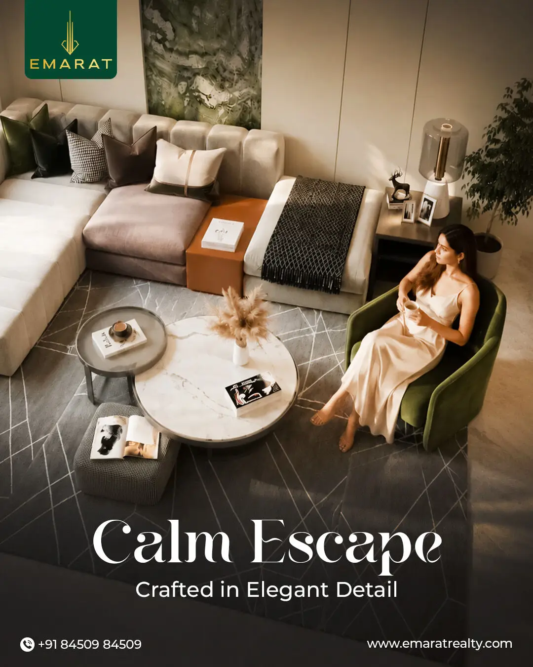 Overhead view of a woman in a green armchair beside a sectional sofa, headline "Calm Escape Crafted in Elegant Detail"