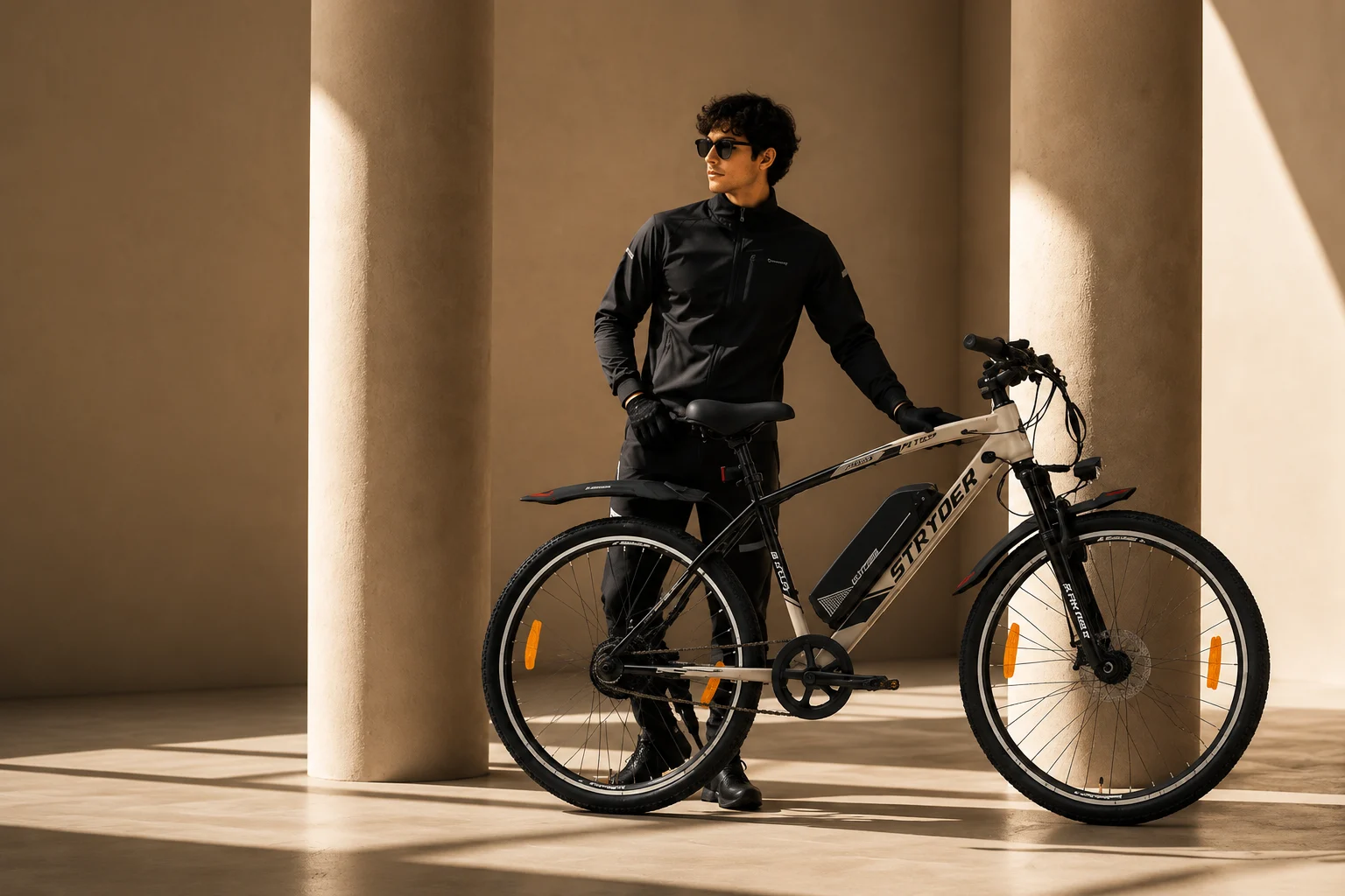 A rider with a Stryder electric bicycle in warm architectural light