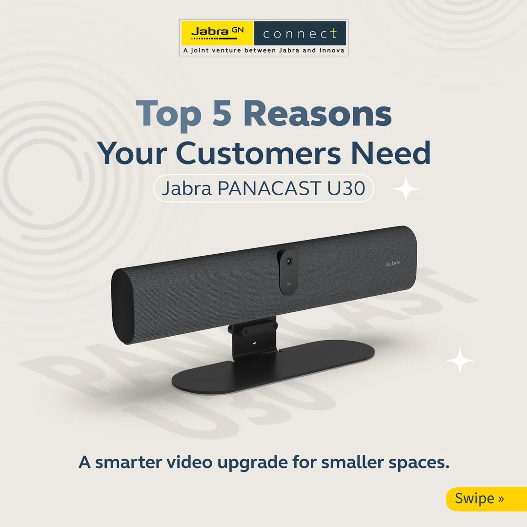 Cover slide, Top 5 Reasons Your Customers Need Jabra PANACAST U30, showing the charcoal video bar on its stand