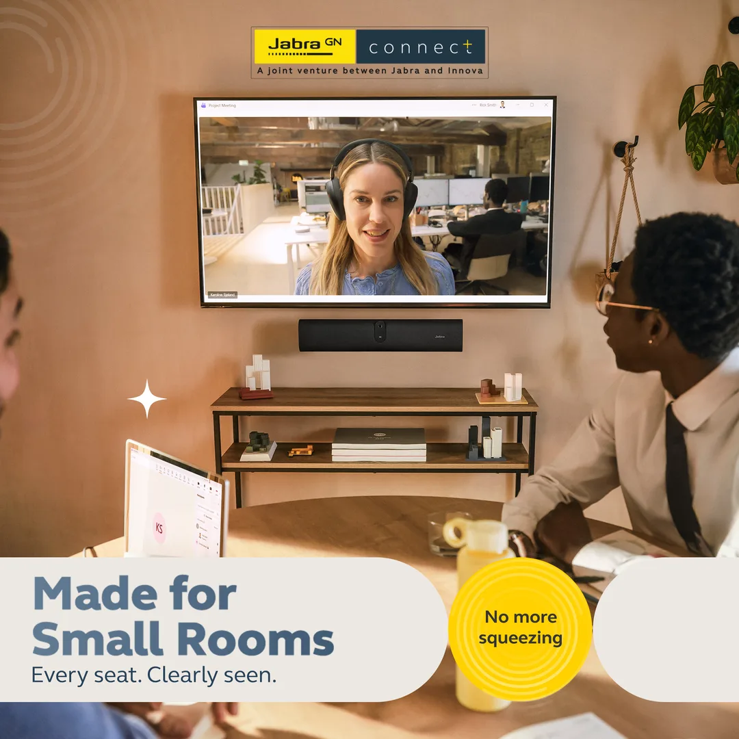 Slide headed Made for Small Rooms: a video bar below a wall screen showing a remote colleague, two people at the table