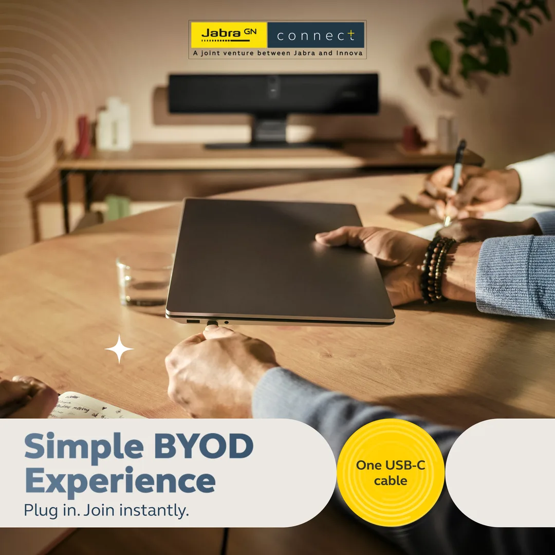 Slide headed Simple BYOD Experience: a hand at the USB-C port of a closed laptop on a meeting table, video bar behind