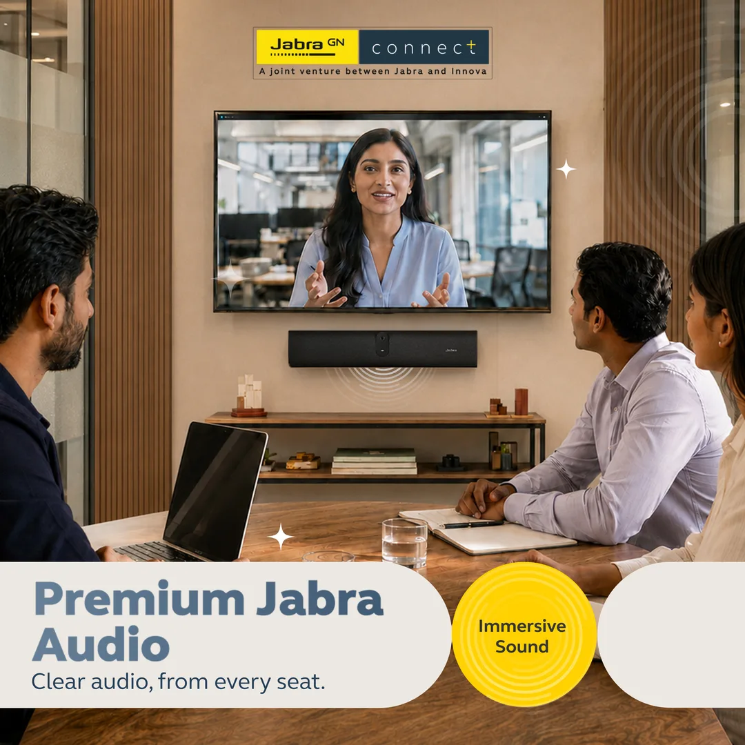 Slide headed Premium Jabra Audio: three colleagues at a table facing a screen with a remote presenter, video bar below it