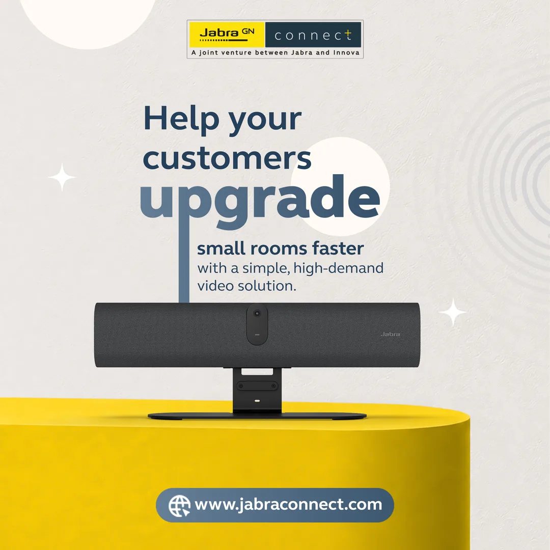 Closing slide: Help your customers upgrade small rooms faster, with the video bar on a yellow plinth and www.jabraconnect.com