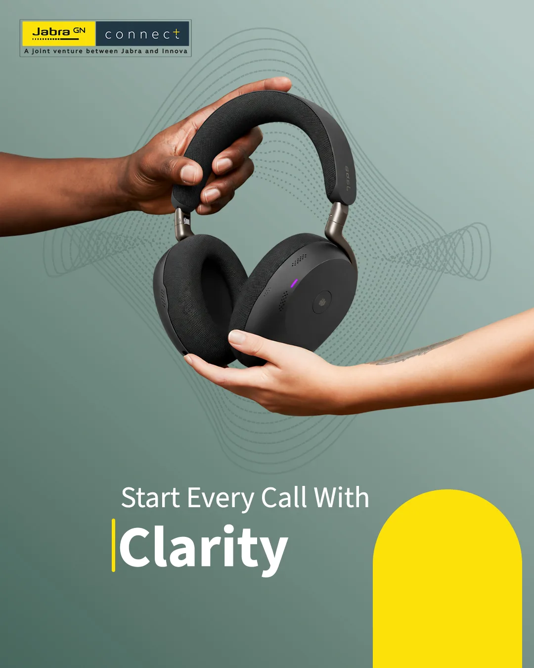 Two hands passing black over-ear headphones against a sage-green background, headline Start Every Call With Clarity