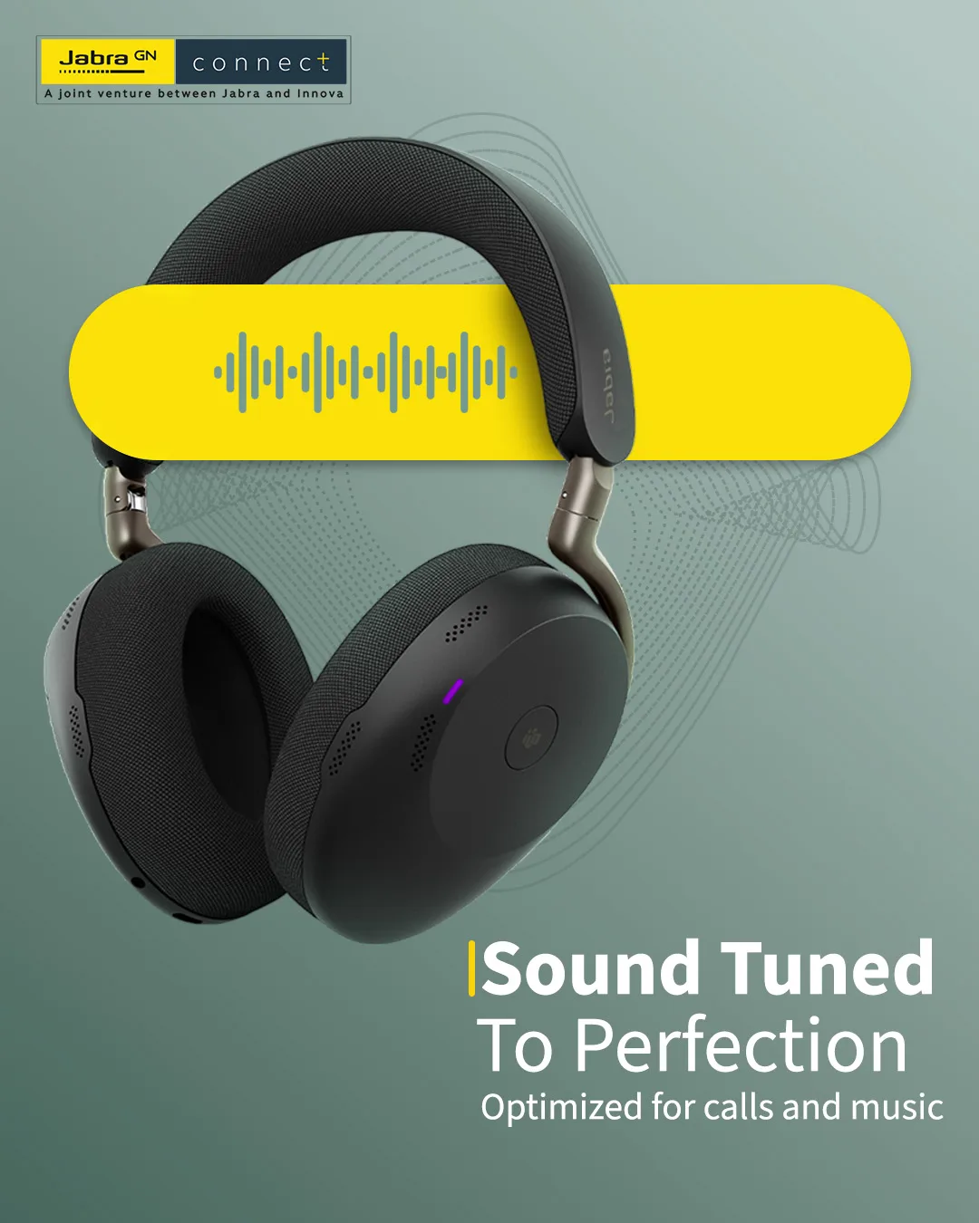 Black over-ear headphones with a yellow sound-wave bar across the headband, headline Sound Tuned To Perfection, optimized for calls and music