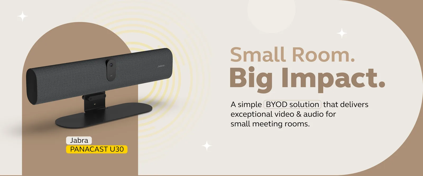 Jabra PanaCast U30 emailer banner — Small Room. Big Impact., with the video bar on a neutral ground