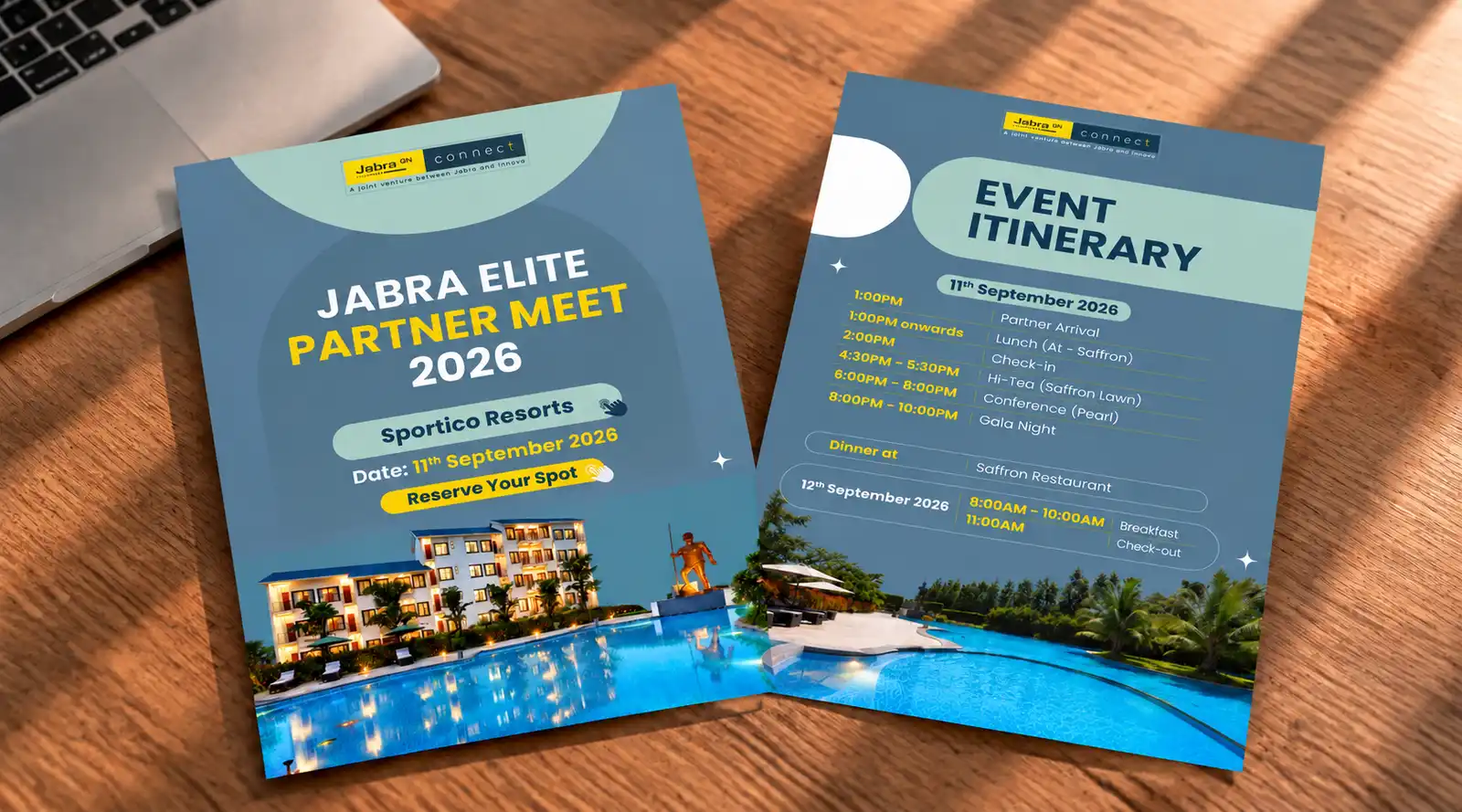Jabra Elite Partner Meet 2026 invite mockup — Sportico Resorts, event details and itinerary cards on a desk