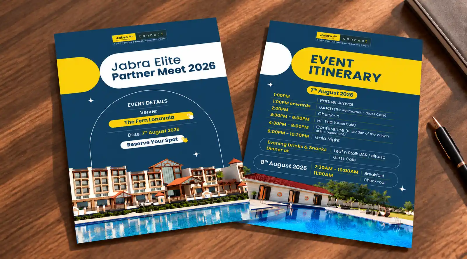 Jabra Elite Partner Meet 2026 invite mockup — The Fern Lonavala, event details and itinerary cards on a desk