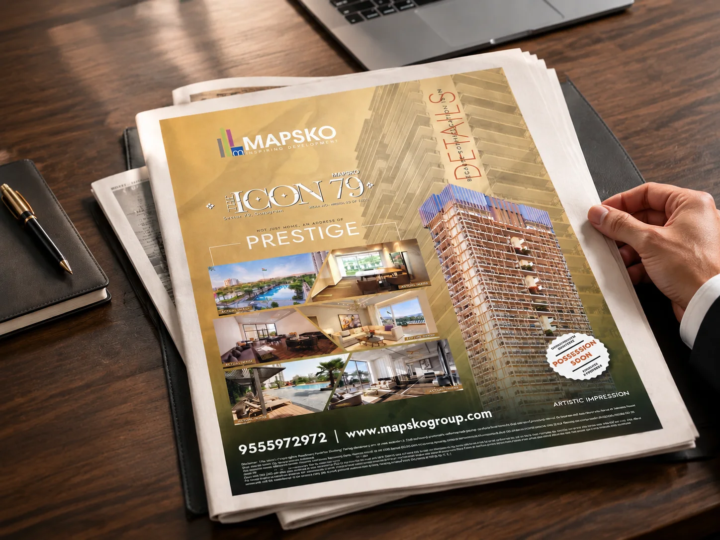 Mapsko The Icon 79, Sector 79 Gurugram, newspaper advertisement reading "Not just home, an address of Prestige" beside a tower, on a newspaper held open on a desk