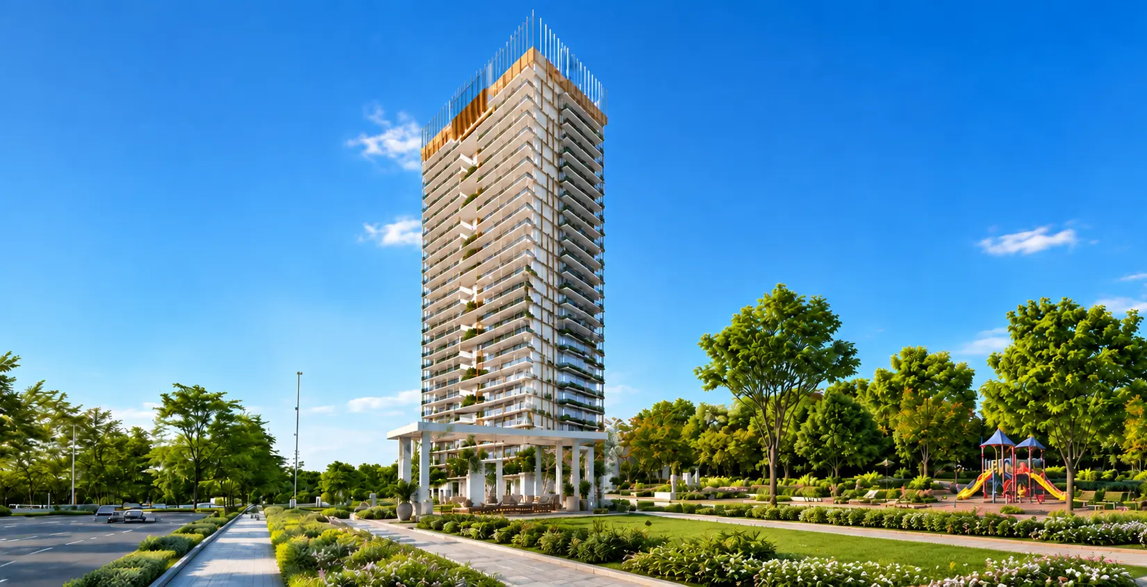 A Mapsko residential tower at dusk, surrounded by landscaped greenery and a lit courtyard