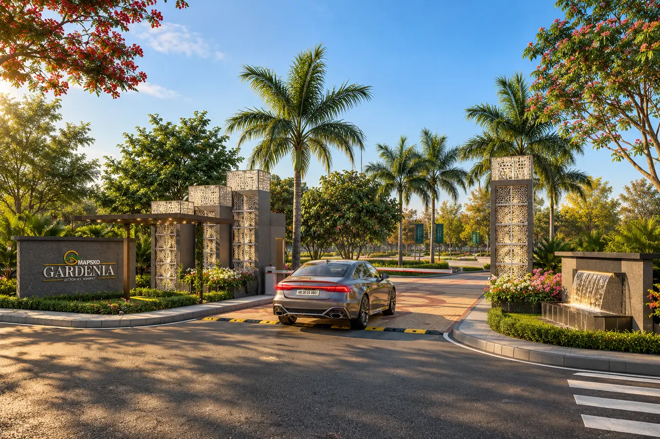 Mapsko Gardenia entrance at golden hour, a car at the barrier beside the Mapsko Gardenia sign, with palm trees and flowering trees around the gate