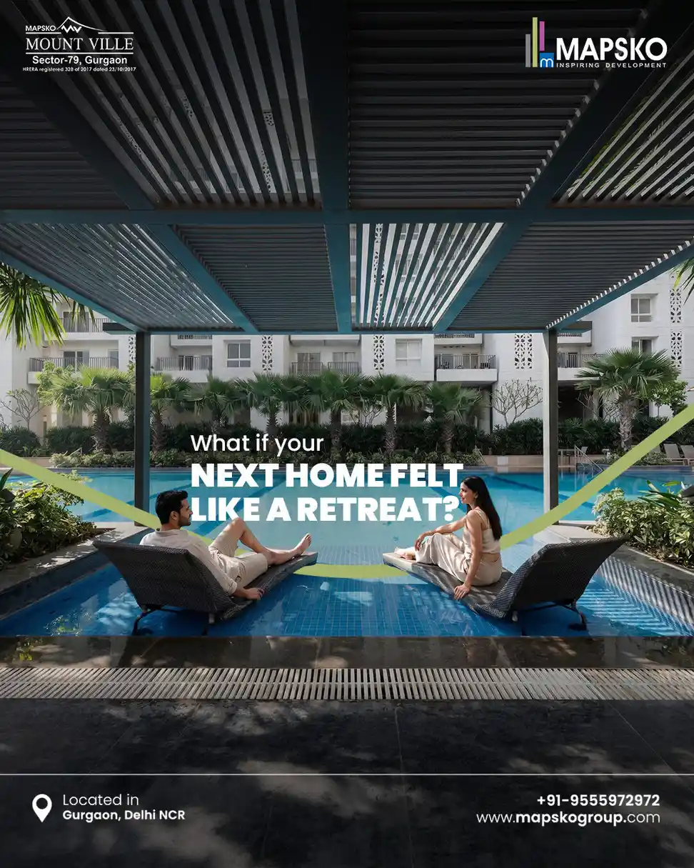 Mount Ville post asking What if your next home felt like a retreat, with a couple on pool loungers under a pergola