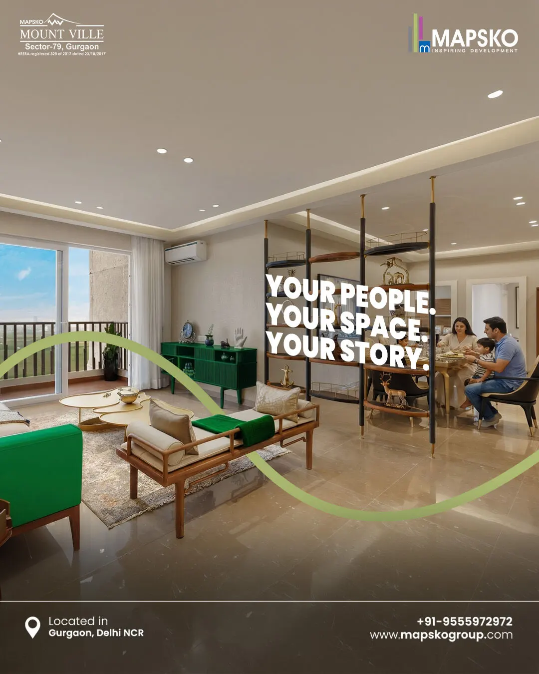 Mount Ville post reading Your people, your space, your story, over a living room with a family dining behind a shelf divider