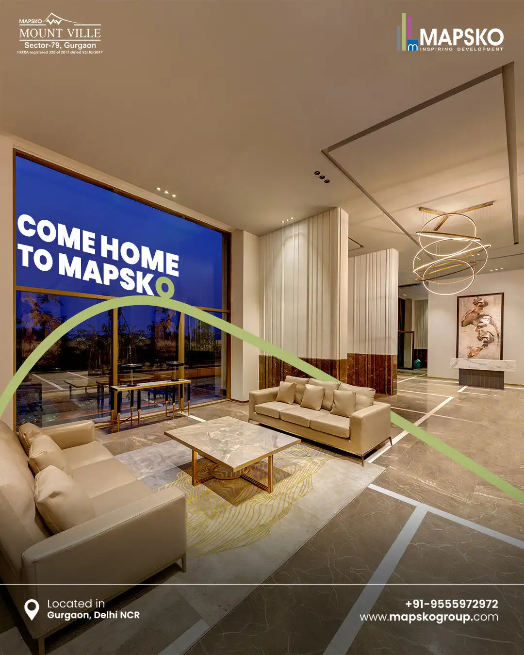 Mount Ville post reading Come home to Mapsko, over a lobby lounge with beige sofas, a ring chandelier and a dusk-lit window