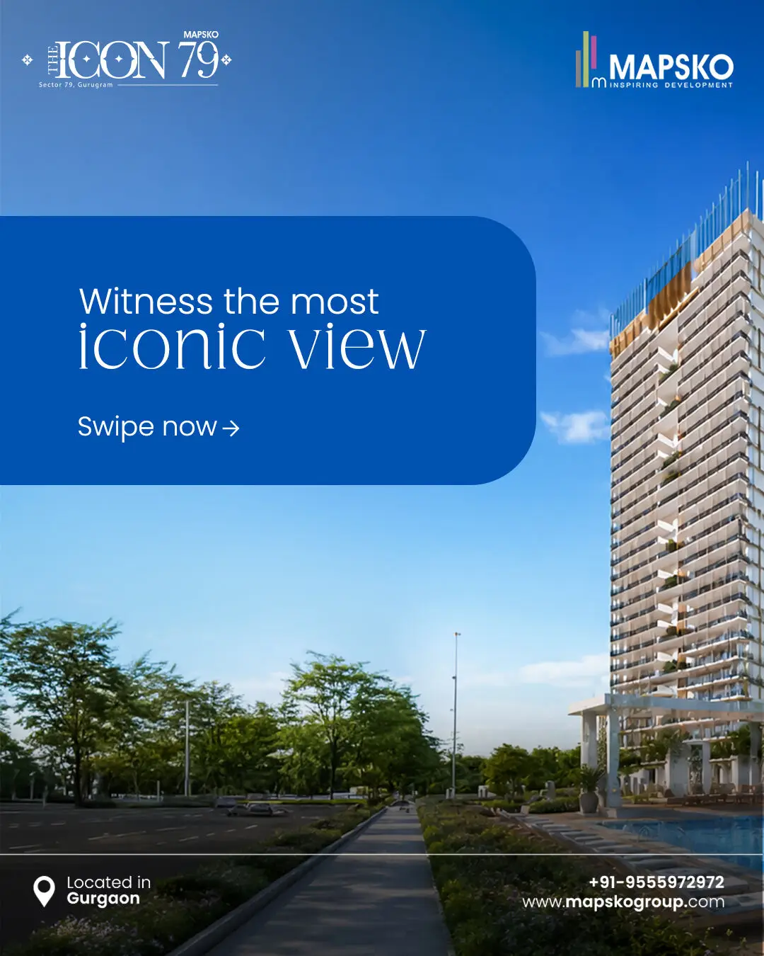 Icon 79 post reading Witness the most iconic view beside a balconied tower against a blue sky, with a Swipe now prompt