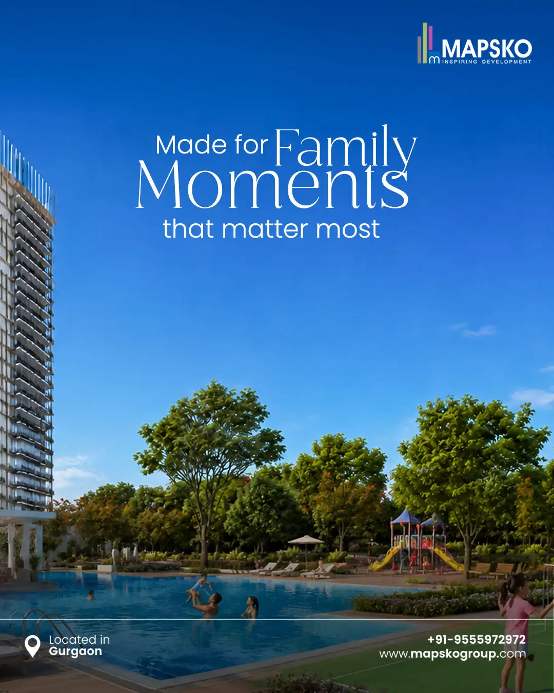 Mapsko post reading Made for family moments that matter most, with an adult lifting a child in a pool, a playground behind