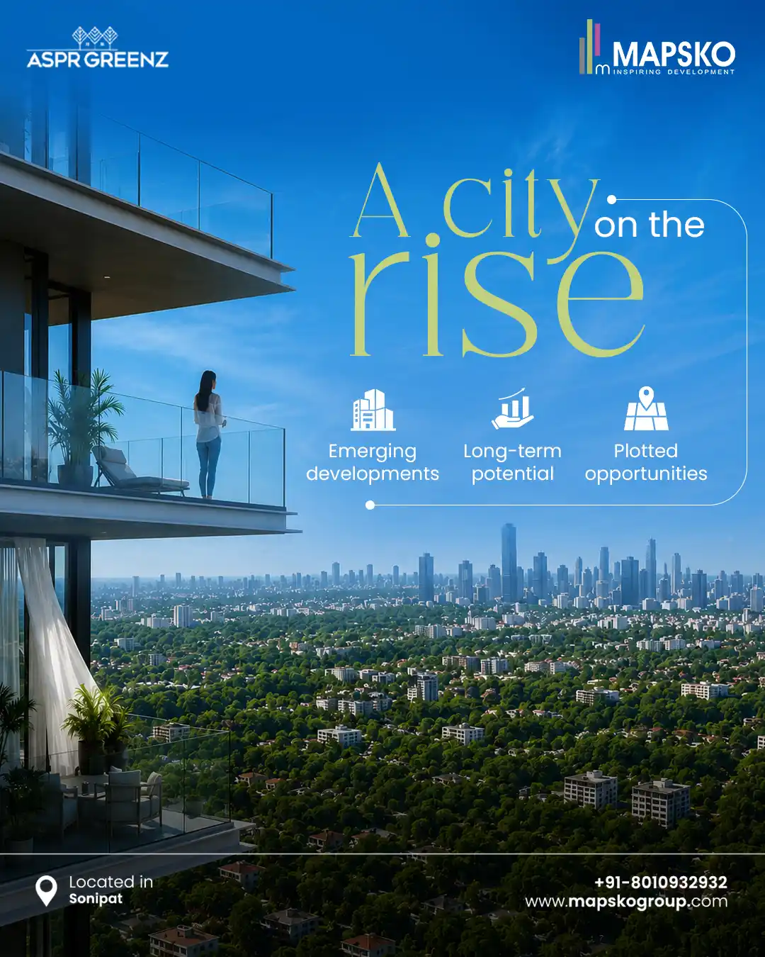 ASPR Greenz post reading A city on the rise, with a woman on a high balcony facing a leafy city skyline