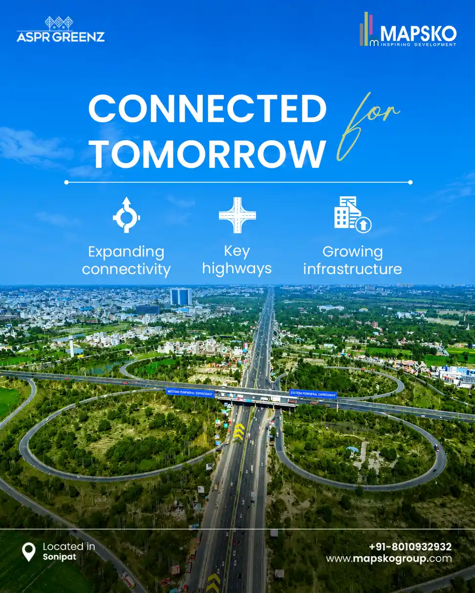 ASPR Greenz post reading Connected for tomorrow, over an aerial cloverleaf highway interchange, with icons for connectivity, highways and infrastructure