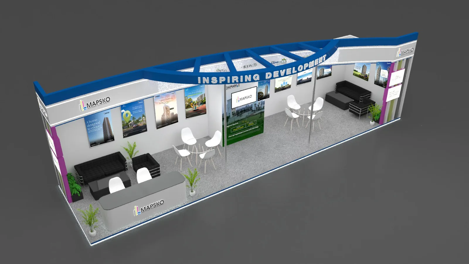 High-angle 3D render of the Mapsko exhibition stand, with sofas, white chairs, a reception desk and a curved Inspiring Development arch