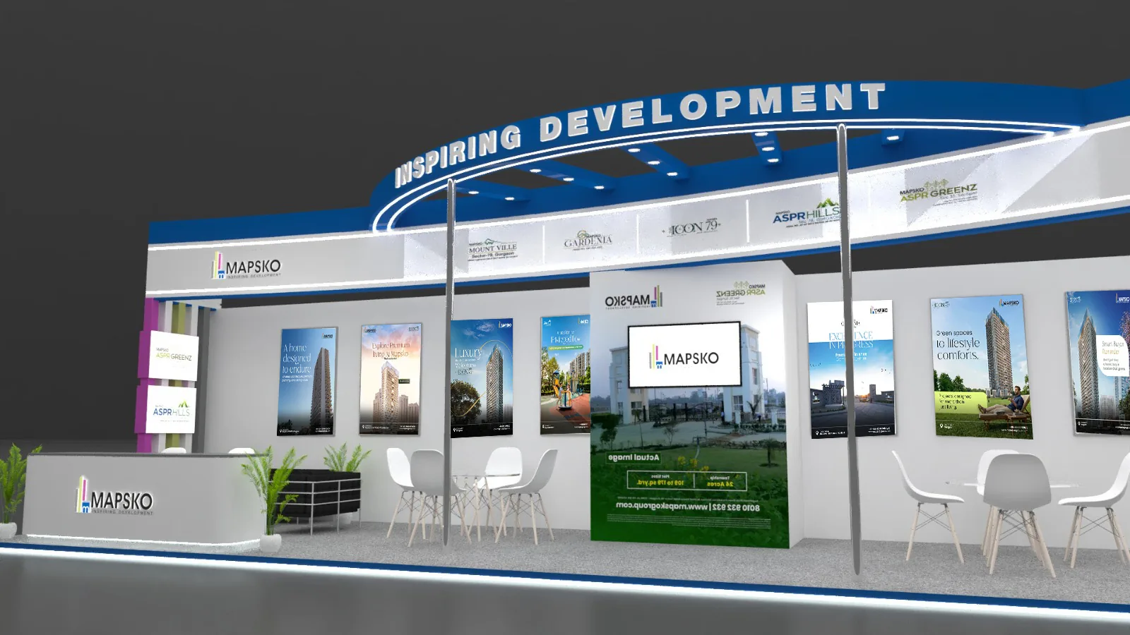 3D close-up of the Mapsko exhibition stand with Mount Ville, Gardenia, Icon 79, ASPR Hills and ASPR Greenz logos above project posters