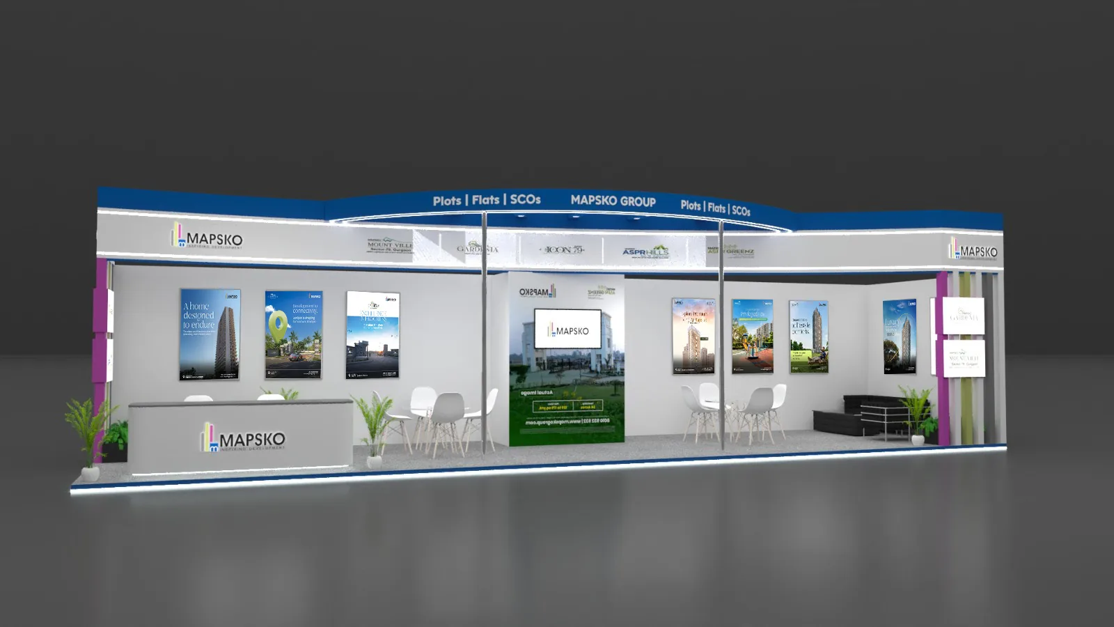 3D mockup of the Mapsko exhibition stand from the front, with a Plots, Flats, SCOs header, a reception desk and wall posters
