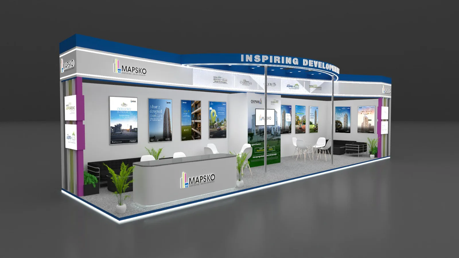 Angled 3D render of the Mapsko exhibition stand, with Inspiring Development on the curved header, a reception desk and project posters