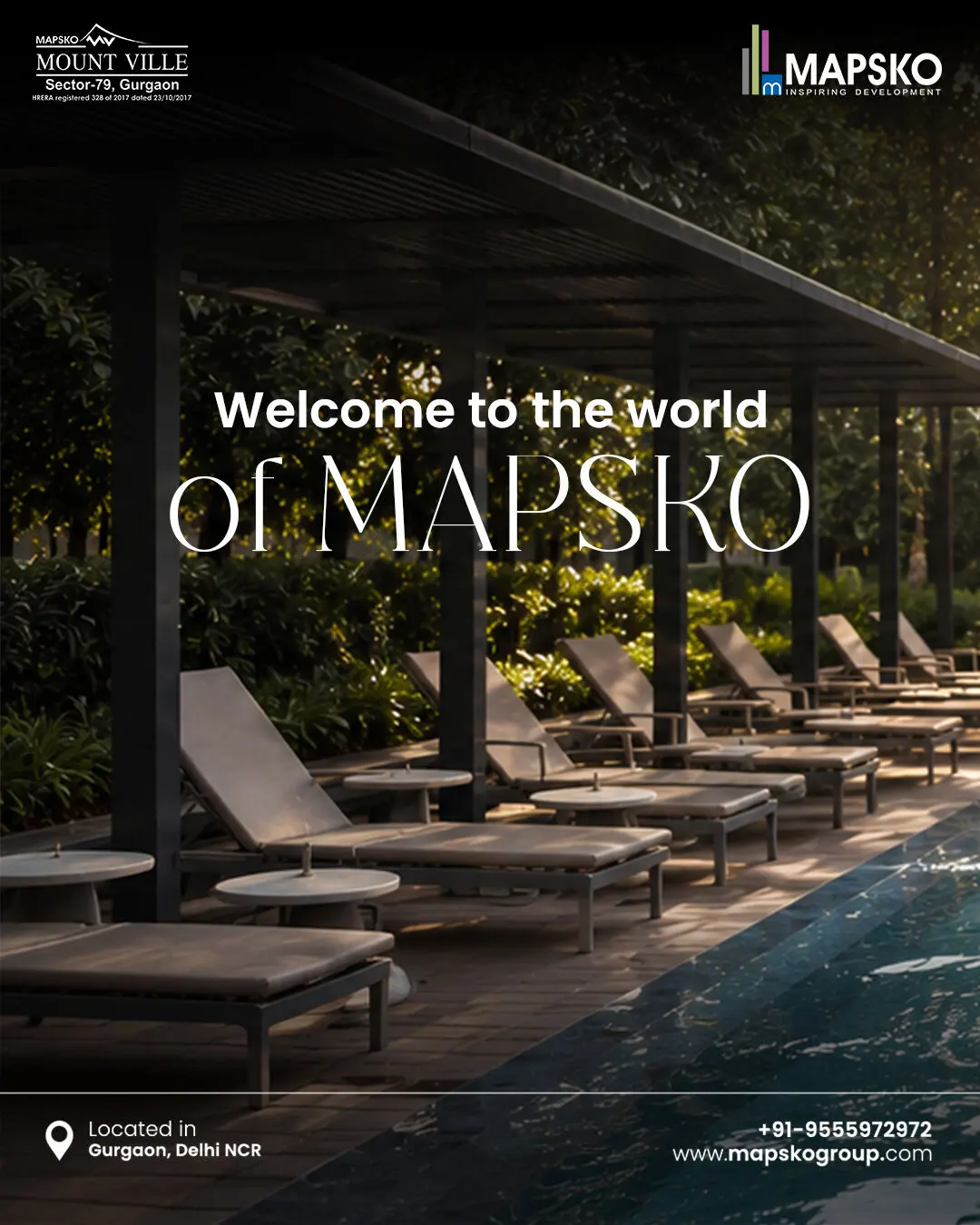 Mount Ville post reading Welcome to the world of Mapsko, over a row of sun loungers on a dimly lit pool deck