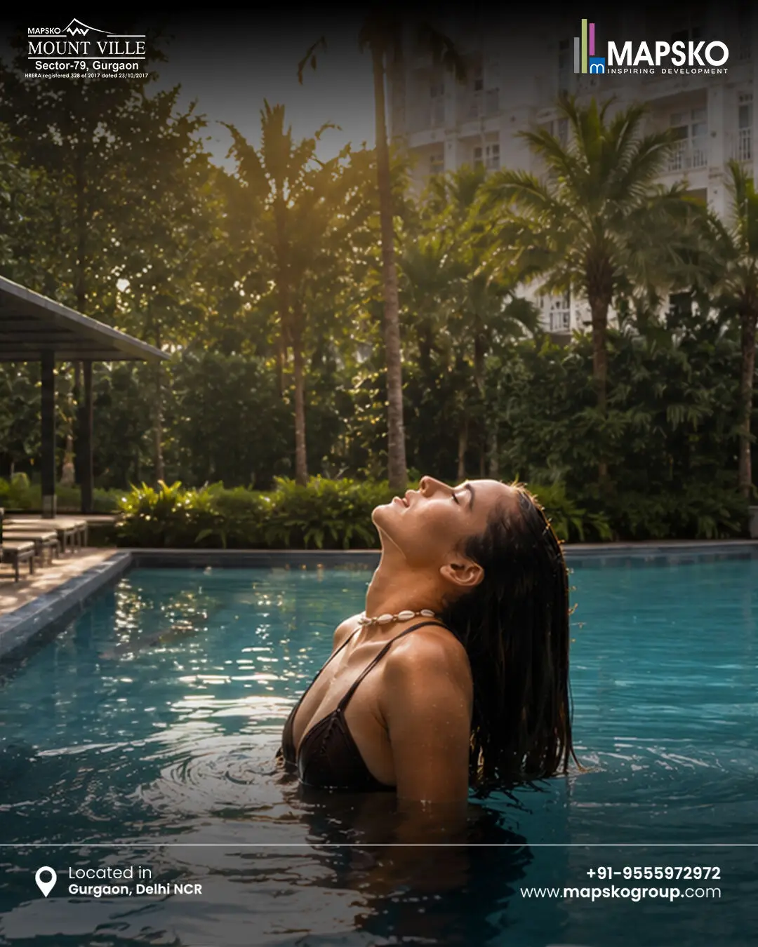 Mount Ville post showing a woman tilting her head back in a pool, with palm trees and a white apartment block behind