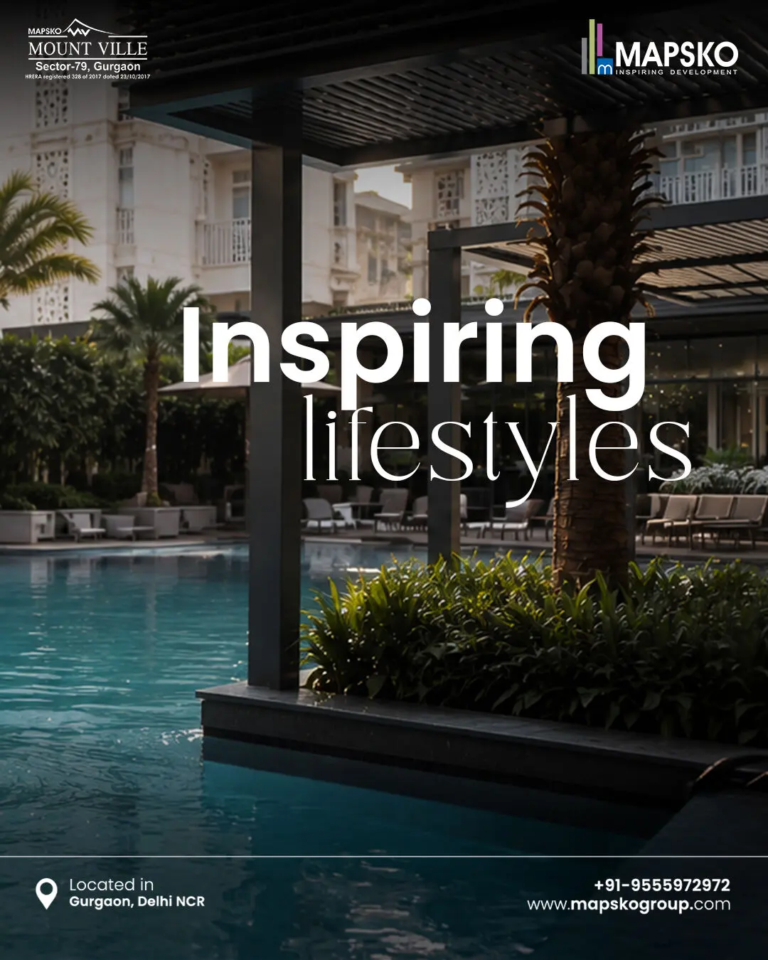 Mount Ville post reading Inspiring lifestyles, over a pool terrace with palms, shaded loungers and white apartment blocks