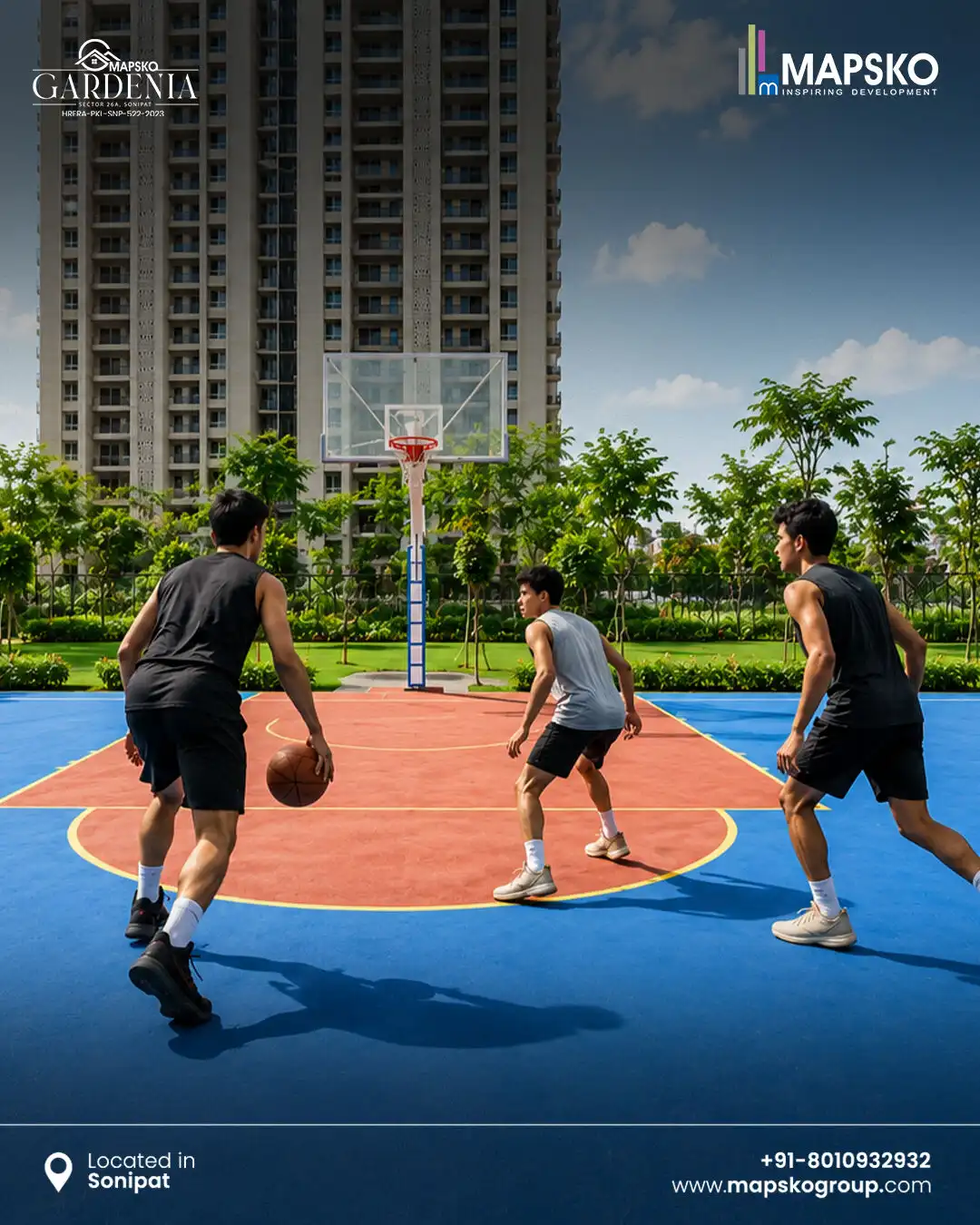 Mapsko Gardenia post showing three men playing basketball on a blue and terracotta court in front of a residential tower