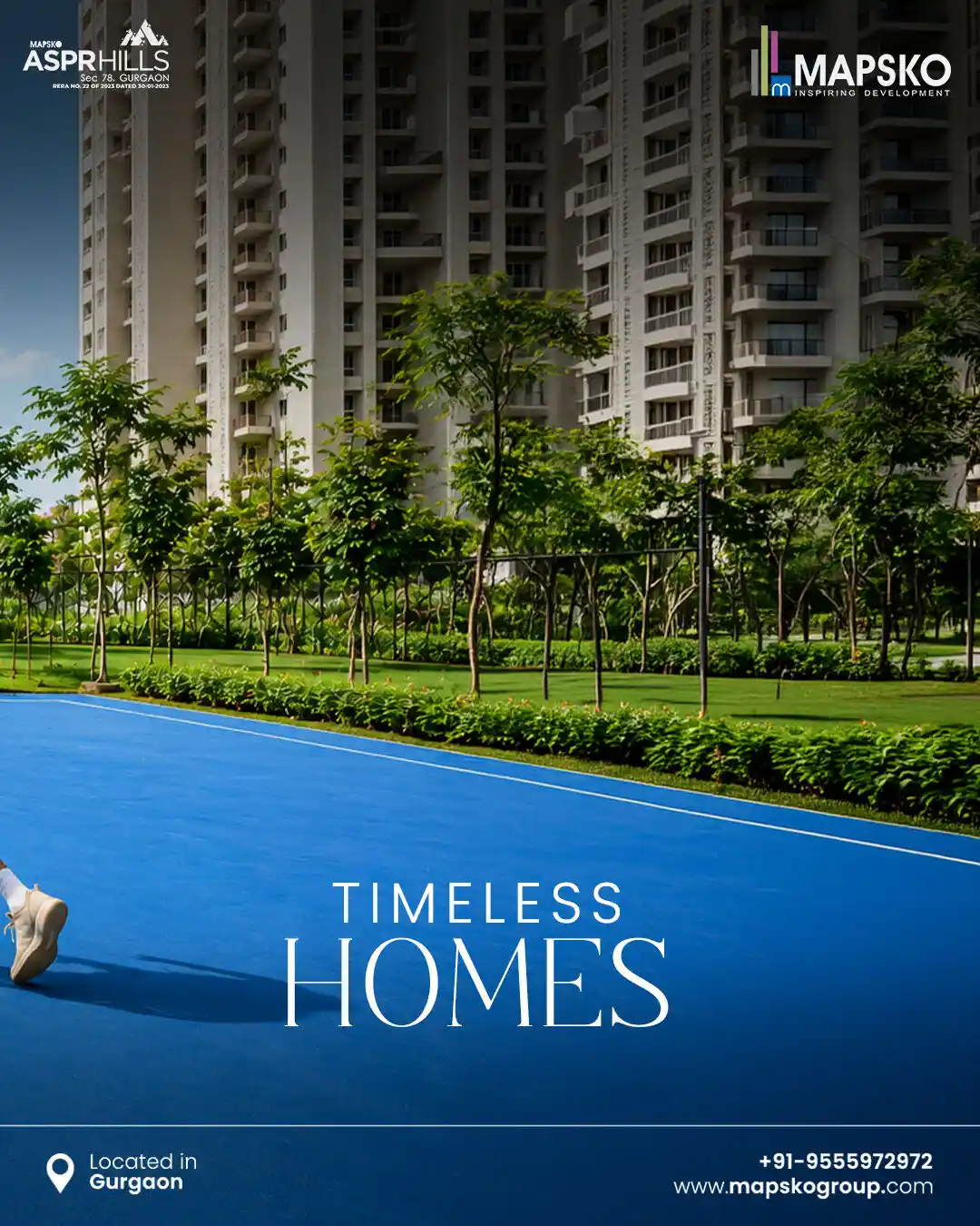 ASPR Hills post reading Timeless homes, over a blue sports court, tree-lined lawns and tall residential towers