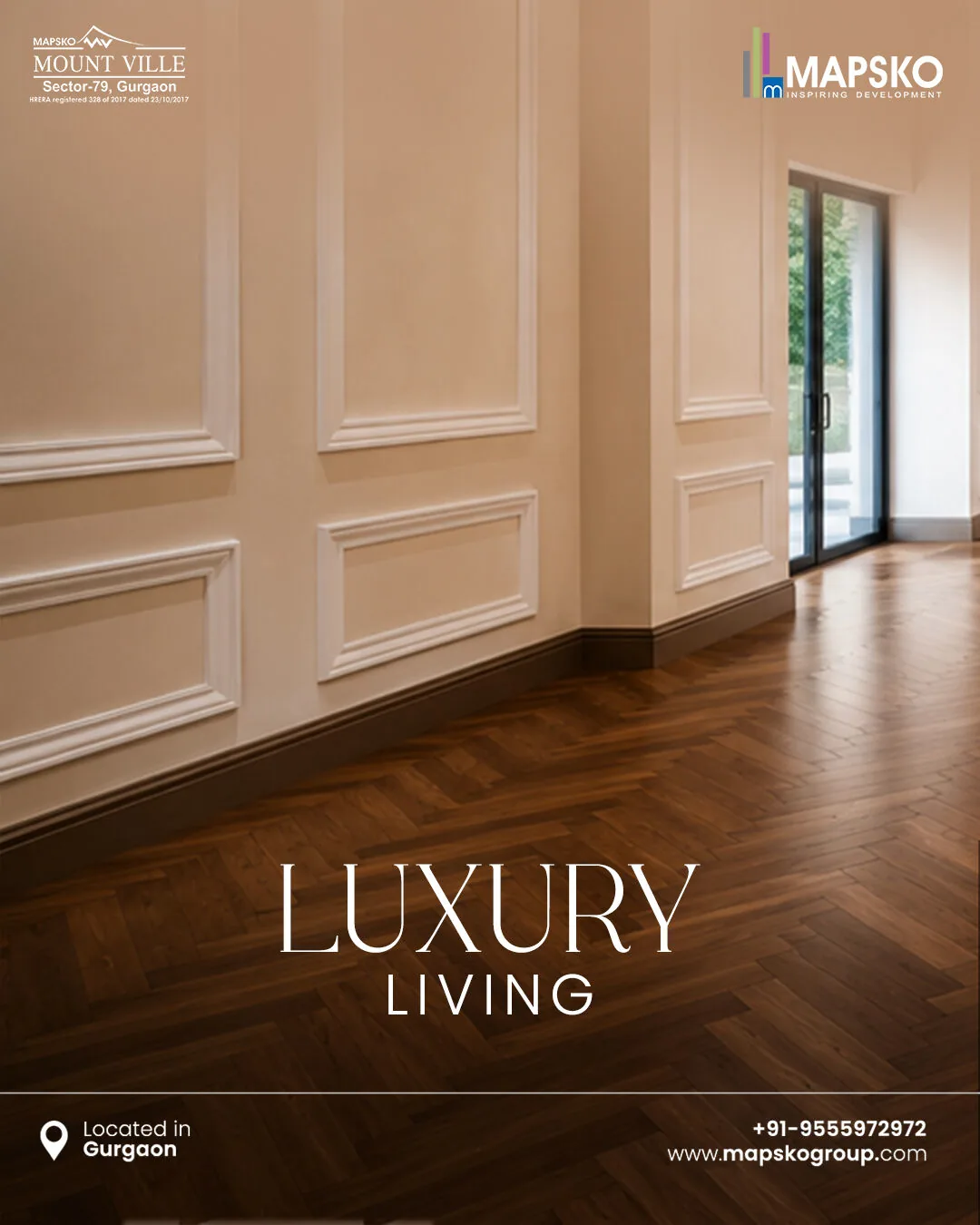 Mount Ville post reading Luxury living, over an empty room with panelled cream walls, herringbone wood floor and a glass door