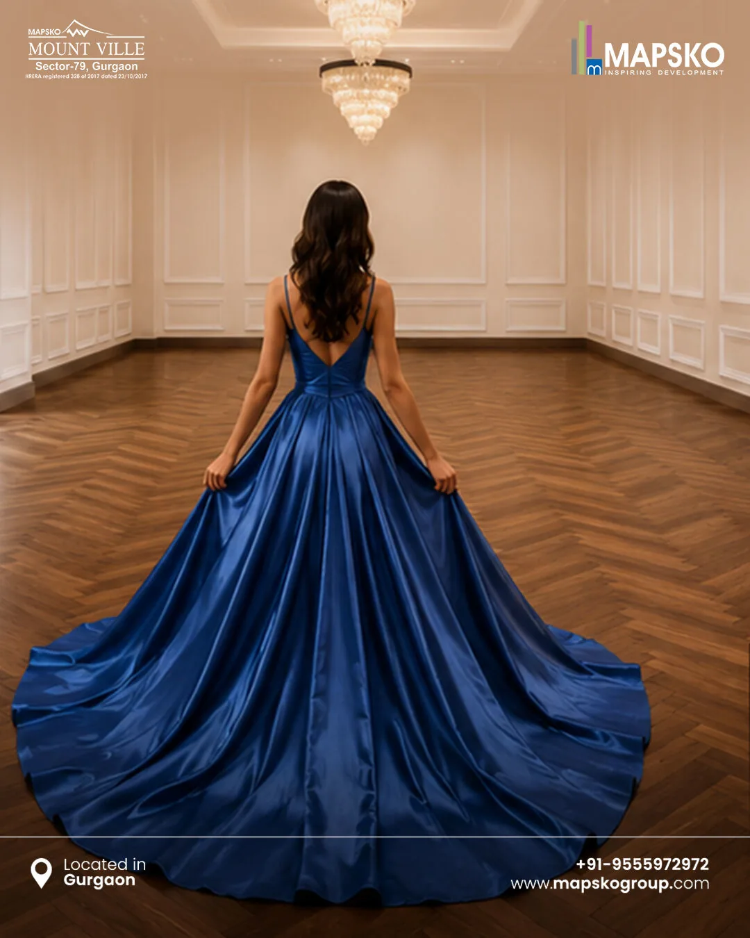 Mount Ville post showing a woman in a blue satin gown, seen from behind, in an empty panelled hall under a chandelier